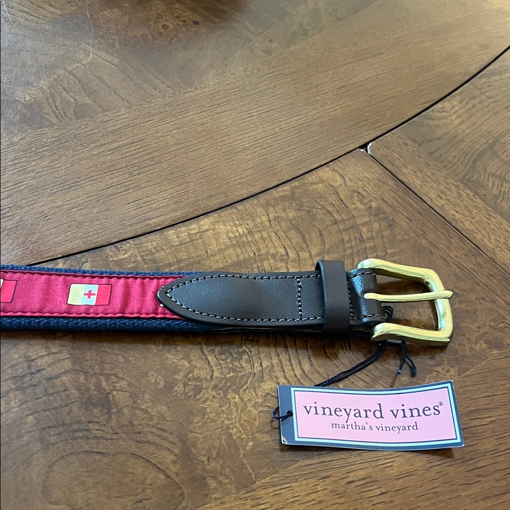 Vineyard Vines Pink Ribbon Belt with Brown Leather & Gold Buckle